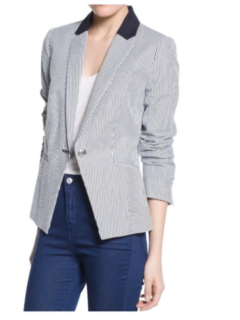 MNG Suits Navy Stripe Seersucker Blazer Jacket Women's 8